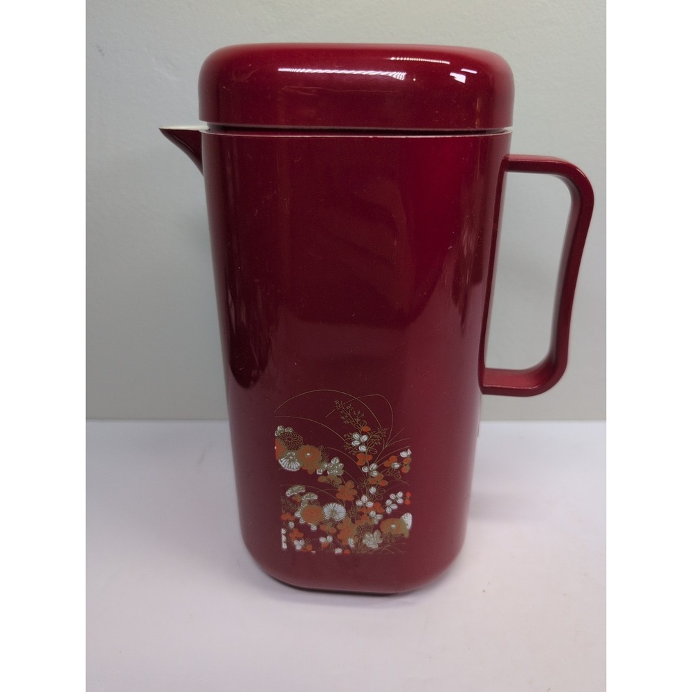 Vintage‎ Japanese Pitcher Plastic Red With White & Orange Flowers